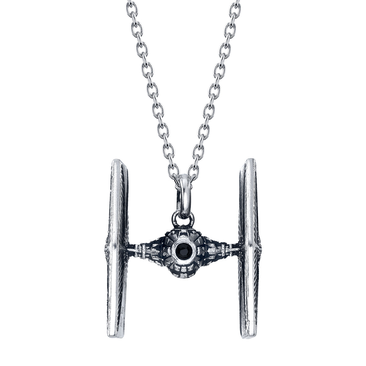 Close up of Star Wars TIE Fighter pendant in sterling silver.