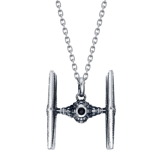 Close up of Star Wars TIE Fighter pendant in sterling silver.