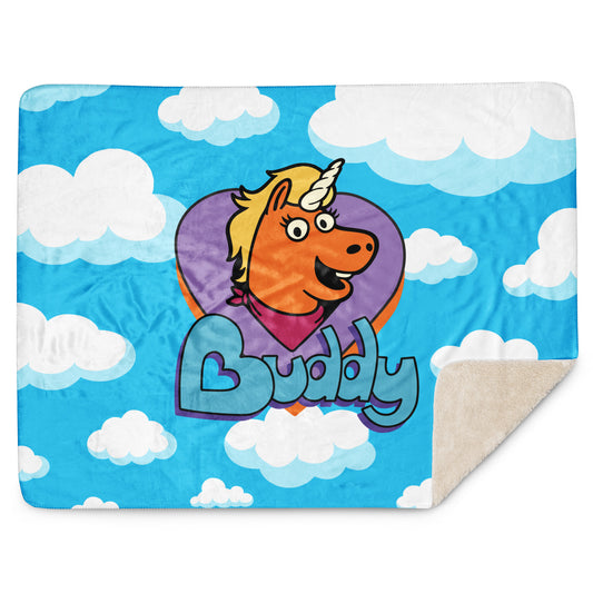 Close up of the soft sherpa fleece backing on the Buddy Logo blanket