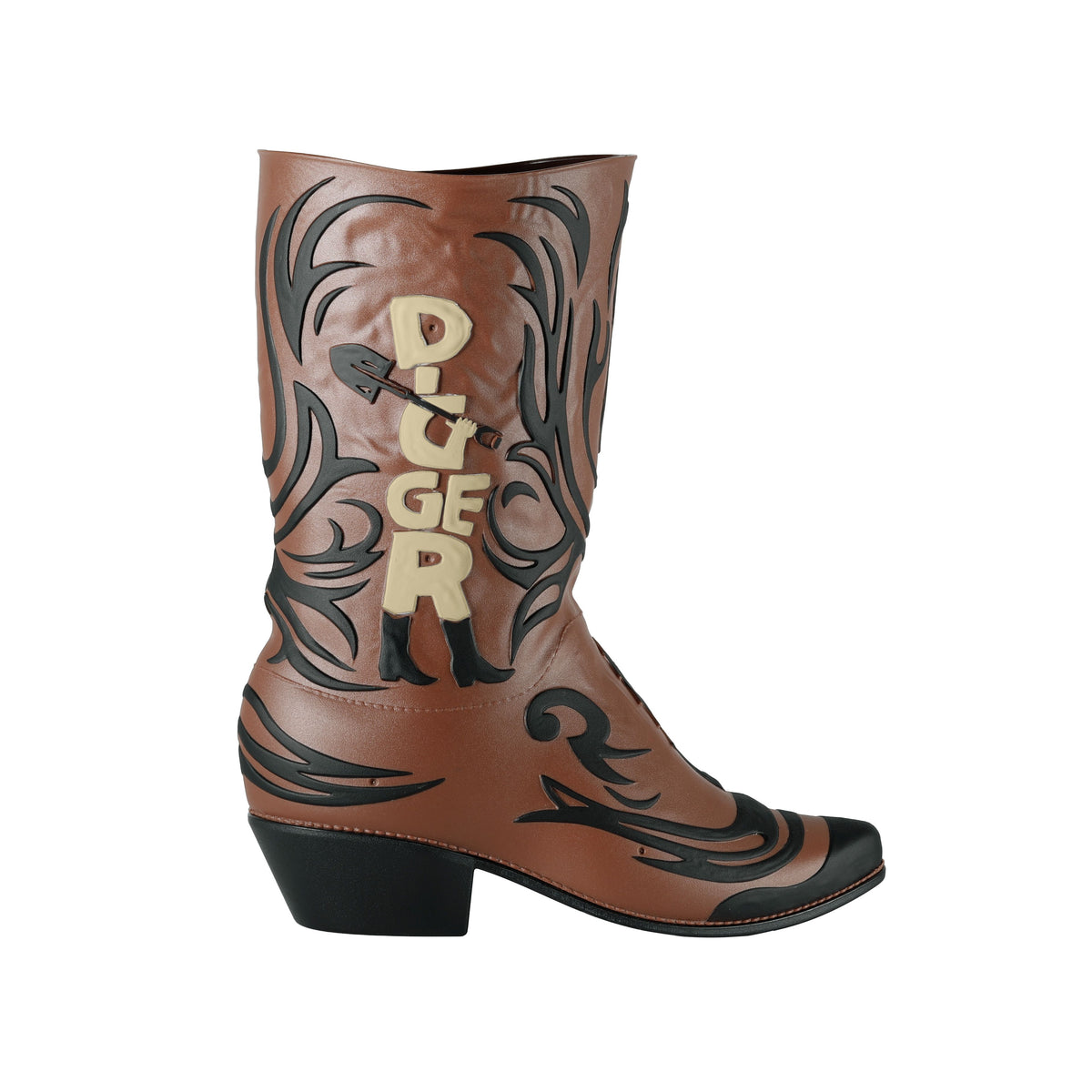 Side angle view of the 105 oz novelty popcorn bucket showing its height and detailed boot design