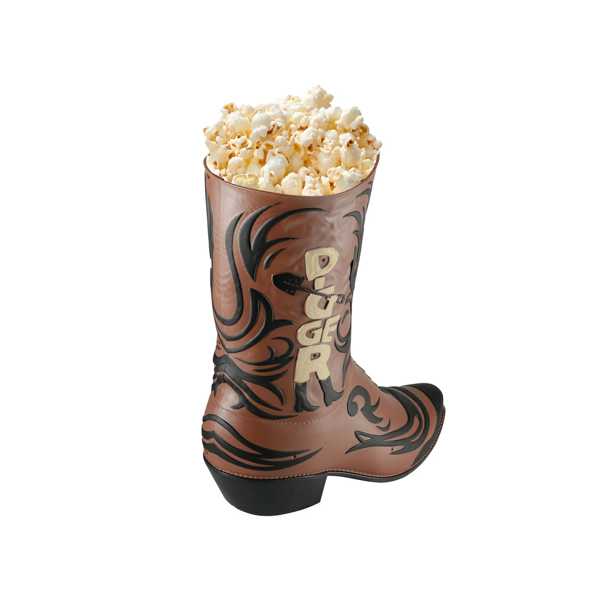 Back view of the tall novelty popcorn bucket showing its streamlined silhouette