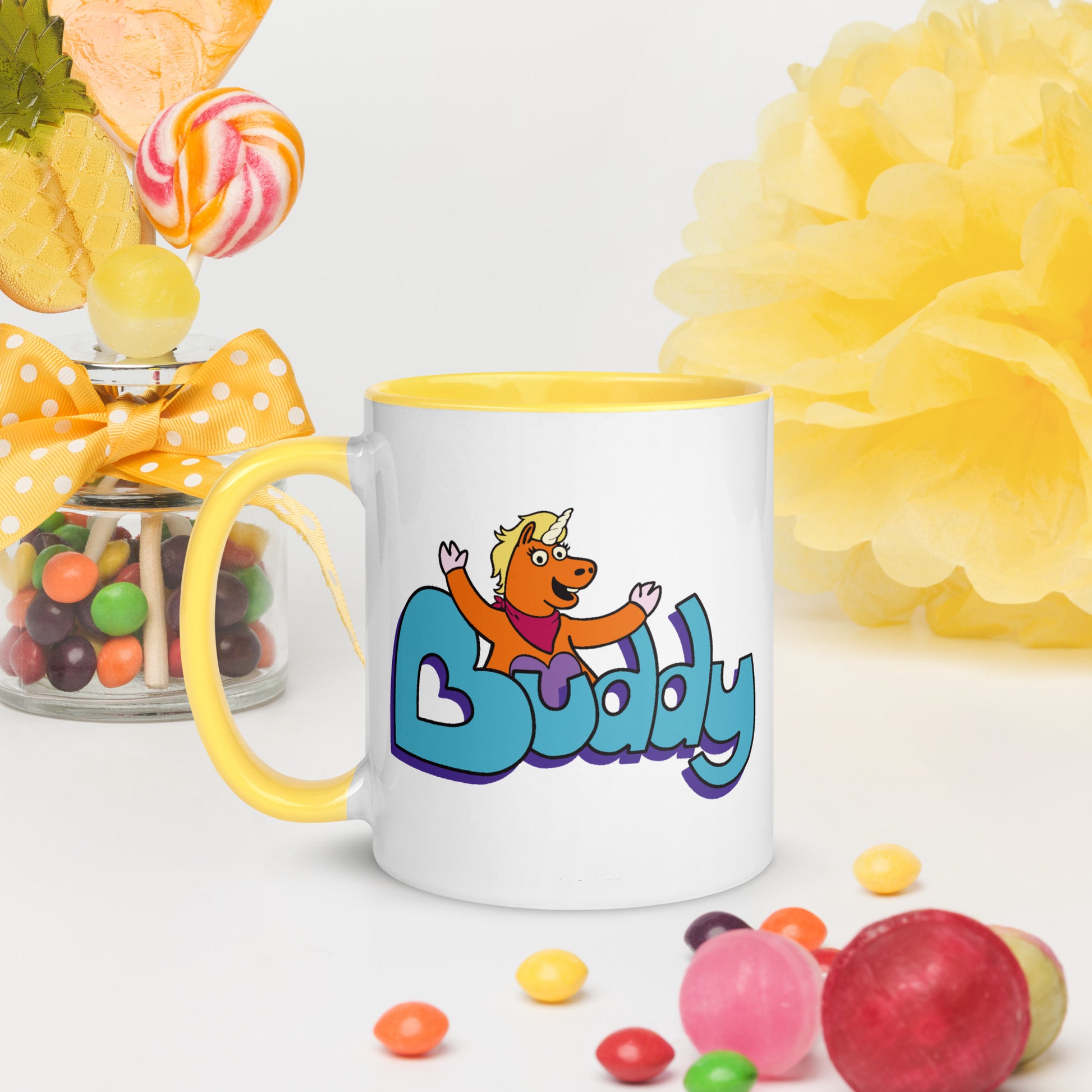 Buddy Logo Mug angled view featuring iconic AMC character
